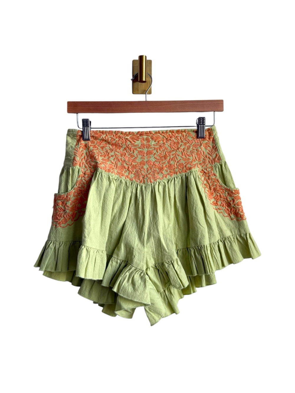 Free People FP One Mexico City Embroidered Ruffle Shorts Green Orange Medium